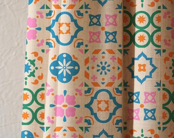 Colorful Tile Print Linen Curtain Panel, Moroccan Geometric Window Drapes, Blue Orange Green Pattern