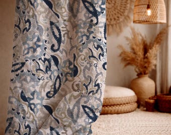 Blue Gray Ikat Linen Curtain Panel, Modern Floral Window Drape