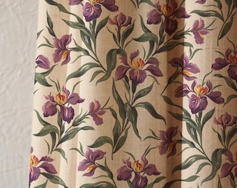 Purple Iris Linen Curtain Panel, Vintage Botanical Window Drapes, Beige Background Floral Print