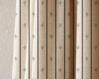 Blue Floral Linen Curtain Panel, Botanical Stripe, Cottage Farmhouse Style