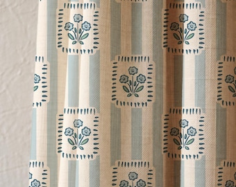 Blue Floral Stripe Linen Curtain Panel, Art Deco Inspired Window Drape