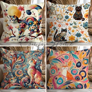 Funda de almohada de gatos lindos, fundas de almohada decorativas, flores y gatos, funda de almohada de animales, fundas de cojín de gato, funda de almohada de tiro moderno.