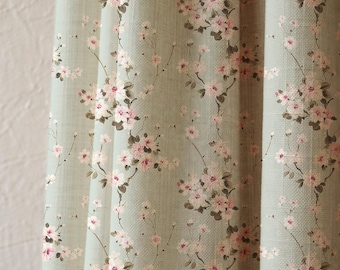Aqua Floral Linen Curtain Panel, Cherry Blossom Window Drapes, Soft Pink Botanical Print