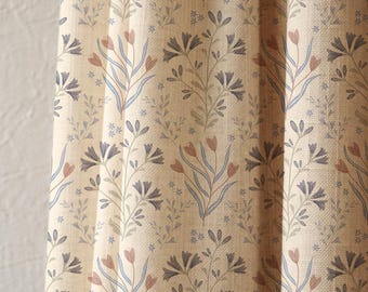 Scandinavian Floral Linen Curtain Panel, Botanical Window Drape, Beige Blue Modern Farmhouse Sheer