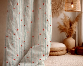 Linen Star Pattern Curtain Panel, Boho Celestial Drapery, Kids Room Decor