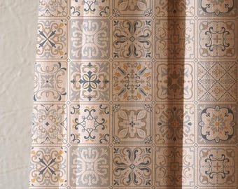 Vintage Tile Pattern Linen Curtain Panel, Neutral Blue Beige Window Drapes, Mediterranean Moroccan Style