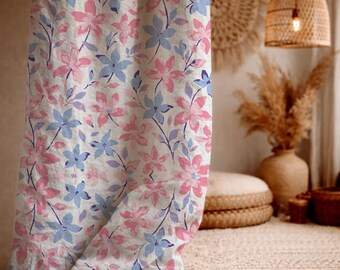 Pink and Blue Floral Linen Curtain Panel, Ivory Watercolor Botanical Window Drapery, Romantic Cottagecore Bedroom Decor