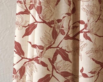 Red Botanical Linen Curtain Panel, Minimal Line Art Floral Window Drapes, Beige Natural Fabric