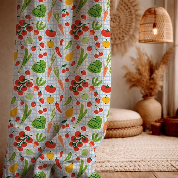 Pannello per tende in lino con motivo frutta e verdura, tende colorate da mercato contadino per la cucina, perfette per un arredamento in stile cottagecore.
