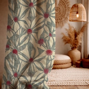 Linen Curtain Panel, Blue Floral Print, Boho Nature Drapery, Art Deco Style