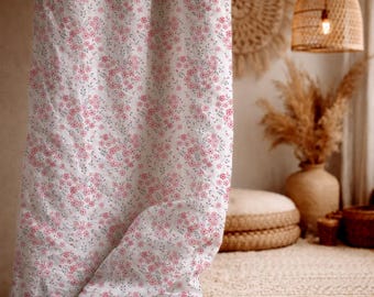 Pink Floral Linen Curtain Panel, Ivory Gray Wildflower Window Drapery, Romantic Cottagecore Decor for Bedroom or Nursery