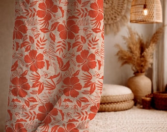 Orange Hibiscus Linen Curtain Panel, Beige Tropical Floral Window Drapery, Boho Coastal Decor for Living Room or Bedroom