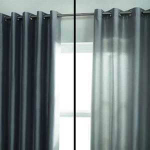 May include: Two gray curtain panels are displayed, one with blackout lining and one without. The left panel, with blackout lining, appears darker, while the right panel, without the lining, is lighter. The text "WITH Blackout Lining" and "WITHOUT Blackout Lining" are at the top.