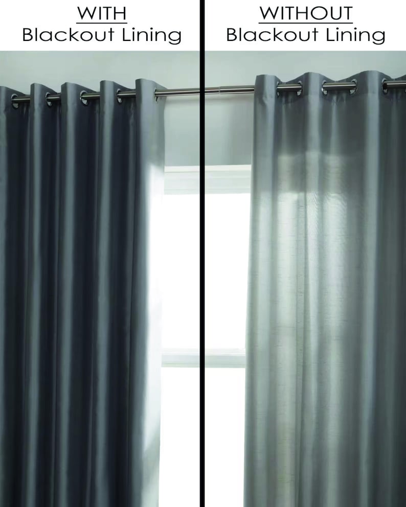 May include: Two gray curtain panels are displayed, one with blackout lining and one without. The left panel, with blackout lining, appears darker, while the right panel, without the lining, is lighter. The text "WITH Blackout Lining" and "WITHOUT Blackout Lining" are at the top.