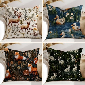 Funda de almohada de tiro de flores silvestres y animales lindos, almohada de tiro única, almohada decorativa, cojín cuadrado, bordado falso.