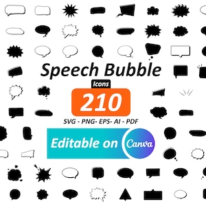 Könnte beinhalten: Eine Sammlung von 210 schwarzen und weißen Sprechblasen-Symbolen in verschiedenen Formen. Das Bild enthält den Text "Speech Bubble Icons 210" und "Editable on Canva."