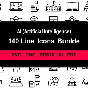 Puede incluir: Una colección de 140 iconos de línea en blanco y negro relacionados con la inteligencia artificial. Los iconos están dispuestos en filas y columnas, con una pancarta central que dice "AI (Artificial Intelligence) 140 Line Icons Bundle". Formatos: SVG, PNG, EPS10, AI, PDF.
