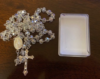 Crystal Glass Rosary Beads Necklace With Cross