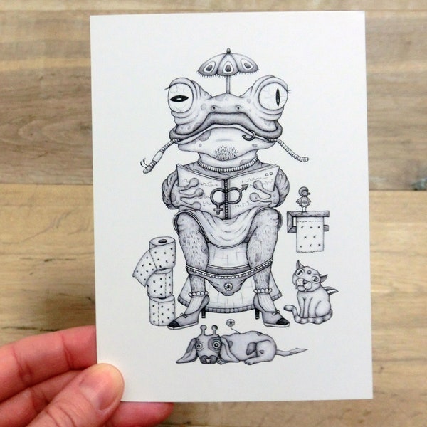 Postkarte mit einzigartiger Illustration, Grußkarte, A6, Kunstdruck, Diversität, Frosch auf Klo