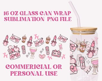 Pink Coquette Glass Can Cup Wrap, Girly Sublimation Design (PNG Digital Download)