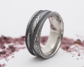 Genuine Damascus Ring Mens Womens - Unique Mens Wedding Band - Male Ring Engagement - Couple Ring Set