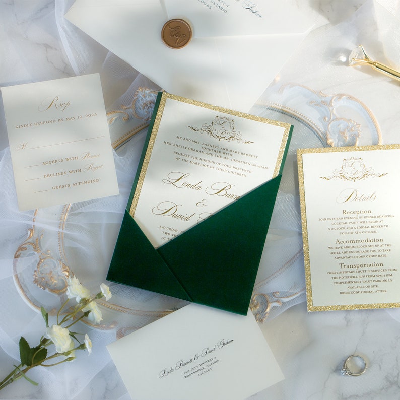 Emerald Green Velvet Panel Pocket Wedding Invitations, Insert Design