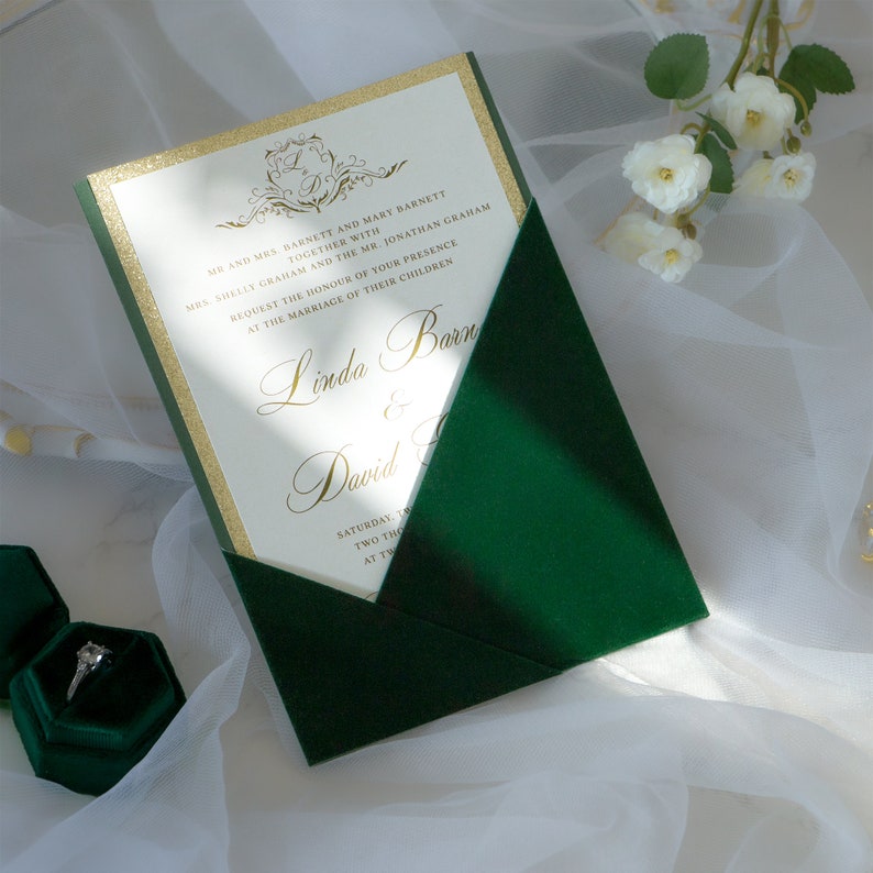 Emerald Green Velvet Panel Pocket Wedding Invitations, Insert Design