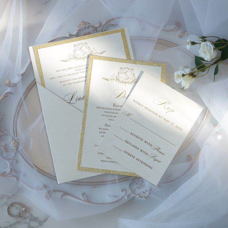 Ivory Shinny Wedding Invitations, Pocket Invitation Cards, Chic Ivory Invitations With