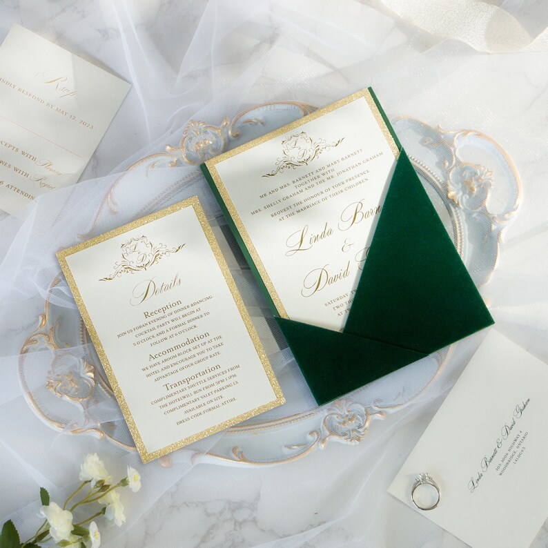 Emerald Green Velvet Panel Pocket Wedding Invitations, Insert Design