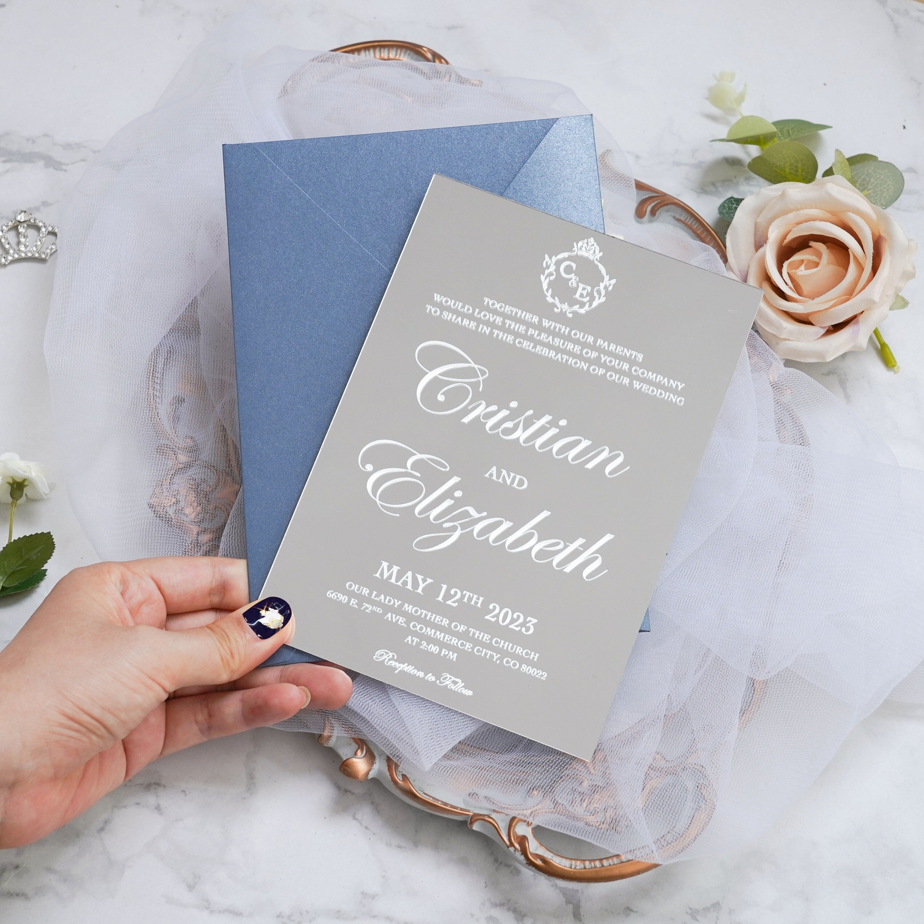 Silver Mirror Wedding Invitations With UV Print, Silver Mirror Wedding Invitation Cards With ...