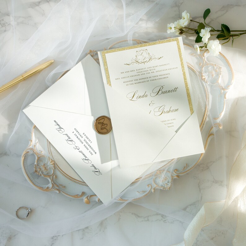 Ivory Shinny Wedding Invitations, Pocket Invitation Cards, Chic Ivory Invitations With