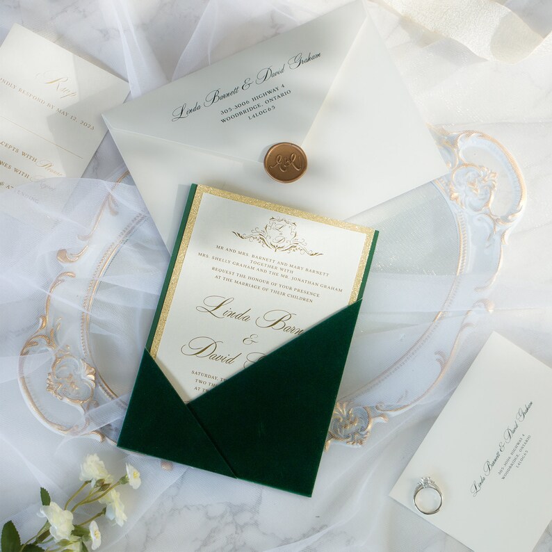 Emerald Green Velvet Panel Pocket Wedding Invitations, Insert Design