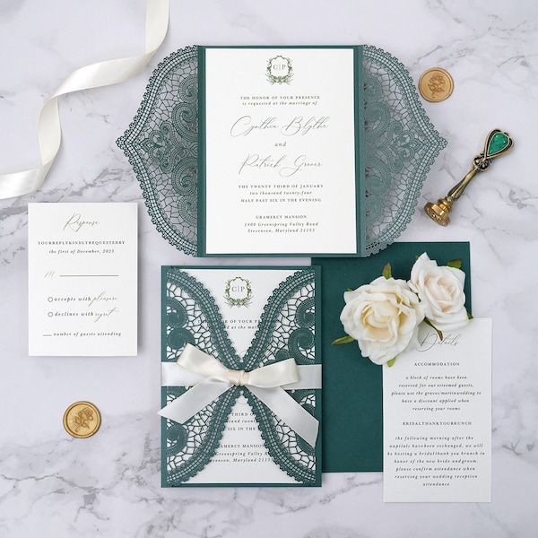 Laser Cut Wedding Invitation Emerald Green Etsy