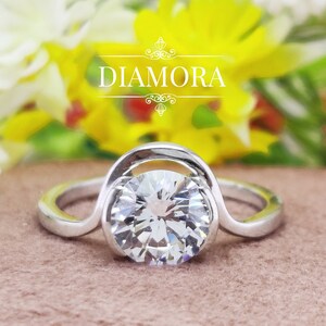 Round Cut Solitaire Engagement Ring Women, Moissanite Diamond Wedding Ring, Half Bezel Set Curved Solid Gold Ring, Anniversary Gift For Her