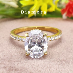 Oval Cut Moissanite Engagement Ring, Hidden Halo Solitaire Oval Ring for Women, 10K/14K Yellow Gold Bridal Ring, Anniversary Gift for Her