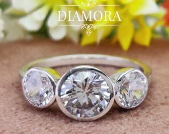 3 Stone Round Moissanite Engagement Ring, Three Stone Round Bezel Set Ring, 3 Stone Gold Ring, Past Present Future Silver Ring, Gift Her