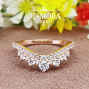 Anillo de boda redondo con moissanita en forma de tiara para mujer, anillo apilable de novia con diseño de espiga, anillo de plata de ley y oro rosa, regalo de aniversario para ella.