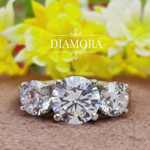 Round Moissanite White Diamond Engagement Ring, Three Stone  Round Moissanite Ring, 925 Sterling Silver Diamond Simulant Ring, Gift For Her