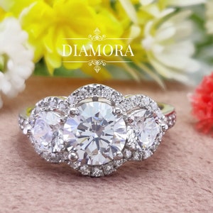 Round Moissanite Halo Engagement Ring, Three Stone Halo Round Moissanite Unique Ring Women, 10K/14K/18K White Gold  Ring, Anniversary Gift