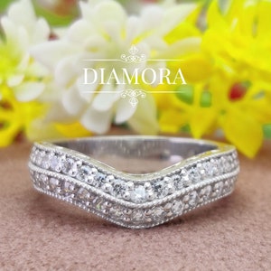 Milgrain Curved Moissanite Wedding Band, Round Diamond Vintage Inspired Band, Chevron Band For Her, Eternity Pave Band Women, Contour Band