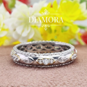 Alliance Art déco pour femmes, Alliance Marquise moissanite en argent pour femmes, Alliance bicolore sertie lunette, Alliance éternité en argent à diamants millegrain pour femmes