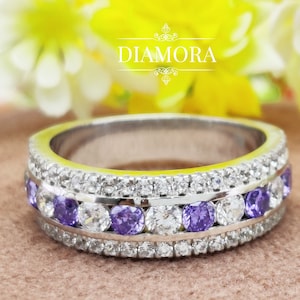 Runder Moissanit-Hochzeitsring Frauen, 6.00 MM Halbe Eternity Micro Pave Band, Kanal gesetzt dreireihig rund Diamantband In 925 Sterling Silber