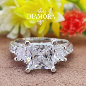Three Stone Moissanite Engagement Ring, 3 Stone Princess Cut Art Deco Ring Women, 10K /14K/18K White Gold Ring, Past Present Future Ring Her