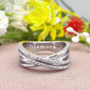Criss Cross Ring, Infinity Round Moissanite Ring, Twisted Double Split Row Band, Bypass Wedding Ring, Half eternity Unique Silver Band