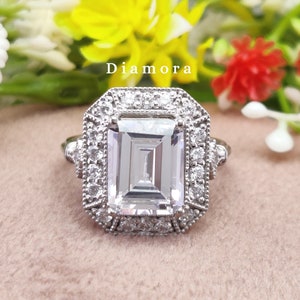 1930s ArtDeo Vintage Style Moissanite Engagement Ring For Women, Halo Emerald Ring, Antique Miligree Ring In 925  Silver, Anniversary Gift