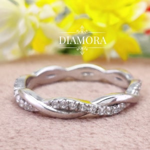 Round Moissanite Wedding Band Women, Full Eternity Band Twisted Rope Wedding Band Women, 10K/14K/18K White Gold Band, Matching Band Her