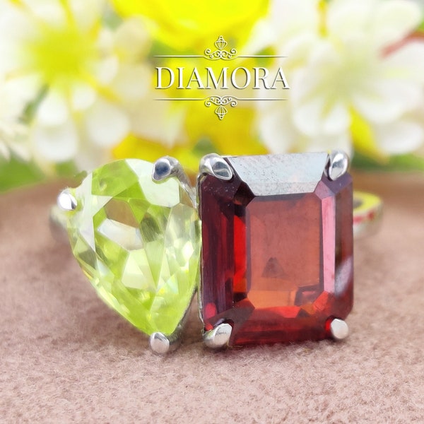 Pear And Emerald Cut Engagement Ring, Red Garnet And Peridot Toi Et Moi Ring, Birthsone Ring, 925 Sterling Silver Cz Ring,  Mothers Ring