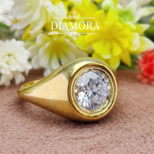 Round Moissanite Dome Engagement Ring, Unique Chunky Statement Ring, Round Moissanite Bezel Set Silver Ring, Dome Diamond Unisex Silver Ring