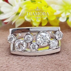 7 Stone Rain drop Ring, Round Moissanite Bezel Set Engagement Ring, Two Row Seven Stone Split Shank Bubble Ring, Scatter Ring In Silver