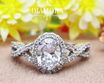 Oval Moissanite Halo Engagement Ring, Sterling Silver Infinity Ring Women, Twisted Halo Wedding Gift Ring, Round Diamond CZ Twisted Ring Her